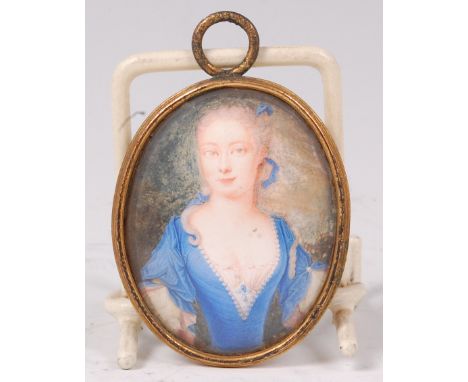 Early 18th century continental school - Half length portrait of a maiden, wearing a blue dress with lace bust, miniature wate