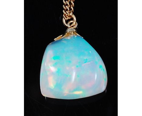A large polished opal pendant, the natural formed opal weighing approx 25ct and measuring approx 21 x 21 x 16mm, on 14ct gold