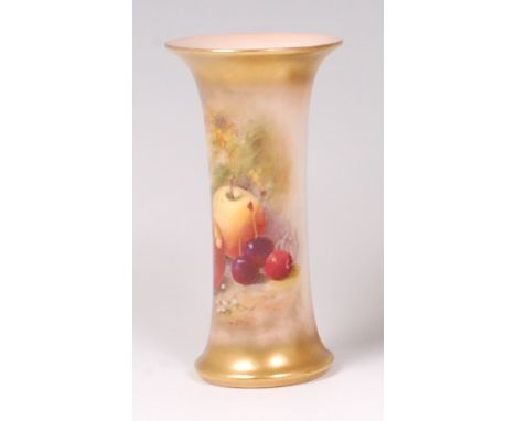 A Royal Worcester porcelain trumpet shaped vase, decorated with fruit on a mossy bank, signed Ricketts, within shaded gilt bo