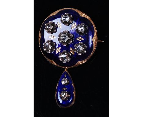 A 19th century yellow metal, cobalt blue enamel, and diamond set brooch, with teardrop pendant, the rough cut diamonds each i