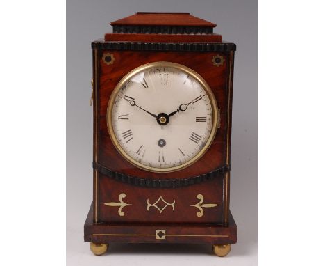 A Regency mahogany and brass inlaid bracket clock, of small proportions, having an unsigned 5" convex white enamel dial, sing