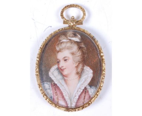 19th century school - Bust portrait of a maiden, in period costume with pearl necklace, miniature watercolour on ivory, 5.8 x