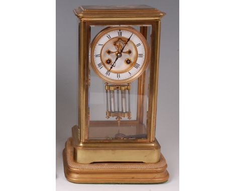 A circa 1900 French lacquered brass four glass mantel clock, having white enamel dial (a/f) with Roman numerals, visible esca