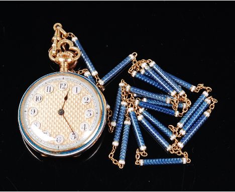 A circa 1900 continental ladies 18ct gold and guilloche enamel backed fob watch, on matching gold and enamel neck chain, the 