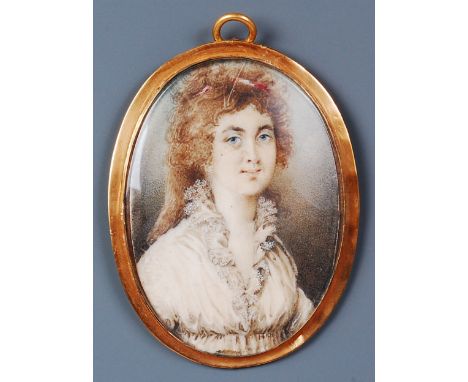 Mid-18th century school - bust portrait of Elizabeth Crang, miniature watercolour on ivory, in yellow metal frame, inscribed 