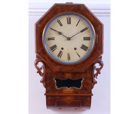 A late Victorian figured walnut droptrunk wall clock, having an unsigned white enamel dial, twin winding holes to an eight da