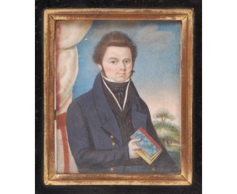 19th century school - Half length portrait of a young man, wearing a blue tunic and holding a book within a landscape, miniat