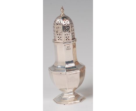 A silver pedestal sugar caster, of octagonal baluster form, with finial topped pierced dome cover, 5.7oz, maker Viners Ltd, S