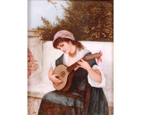 Bessie Gilson - Gypsy Girl playing the lute, on a garden seat, polychrome decorated earthenware plaque, signed and dated lowe