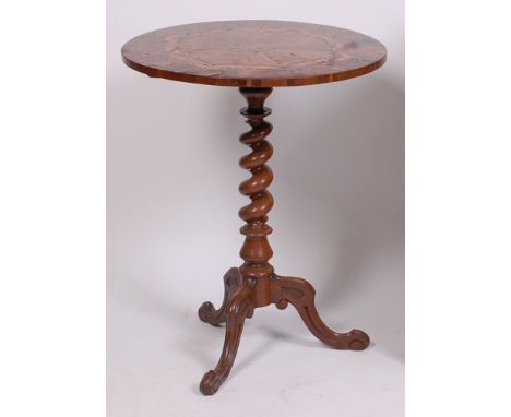 A Victorian rosewood and marquetry inlaid pedestal tripod table, having a spiral turned column and three hipped cabriole supp