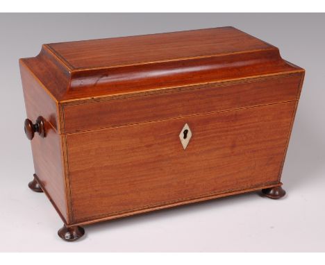 A 19th century satinwood, rosewood and boxwood crossbanded fitted tea caddy, of sarcophagus form, the interior with cut glass