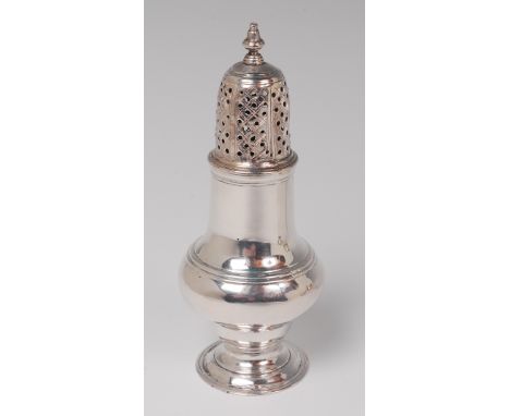 A George II silver pedestal lighthouse sugar caster, having a finial topped and pierced domed cover to a baluster body, on fl