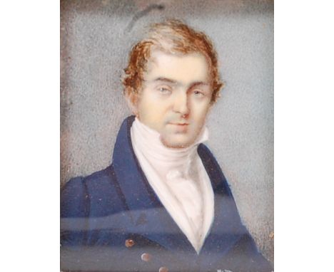 Early 19th century English school - Head and shoulders portrait of John Miles Bentley (1798-1868), miniature watercolour on i