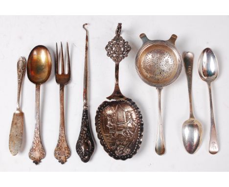 Assorted silver flatware, to include; tea strainer, Dutch silver and embossed large spoon (a/f), butter knife, christening sp