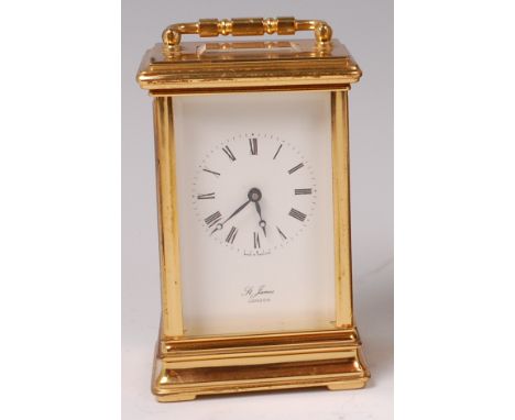 A St James' of London lacquered brass carriage clock, having a signed white enamel dial, visible platform escapement, eleven 