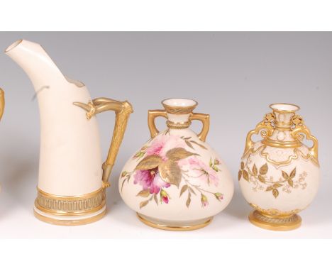 A Royal Worcester ivoryware tusk jug, shape No.1116, green mark, circa 1886, h.25cm; together with a Royal Worcester ivorywar