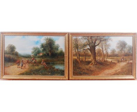 J Mandrill - Pair; Children playing in Epping Forest, oil on canvas, signed lower left, 39.5 x 59.5cm