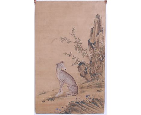After Giuseppe Castiglione (1688-1766) - A large set of three 20th century Chinese scroll paintings, each depicting a dog wit
