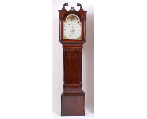 William Scott - Early 19th century mahogany and inlaid longcase clock, having a broken swan neck pediment above a painted arc