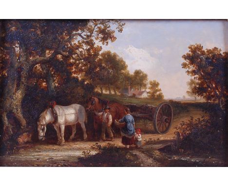 Thomas Smythe (1825-1907) - Family with horses and cart on a country path, oil on oak panel, 23 x 35.5cm Condition Report / E