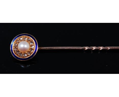 A yellow metal, seed pearl, diamond, and enamel tie-pin, dia.1.1cm, in fitted leather case 