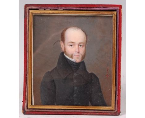 Mid-19th century French school - Half length portrait of a bearded gentleman, miniature watercolour on ivory, signed Le Genvi