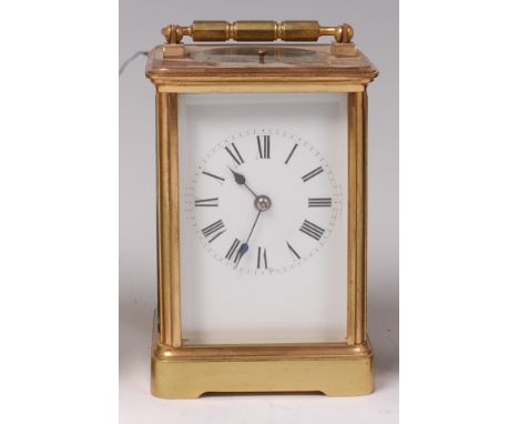 A circa 1900 French lacquered brass carriage clock by R & Co of Paris, having an unsigned white enamel dial, visible platform