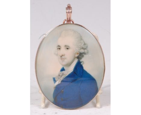 Richard Crosse (1742-1810) - Head and shoulders portrait of a distinguished gentleman, wearing a blue coat with lace cravat a