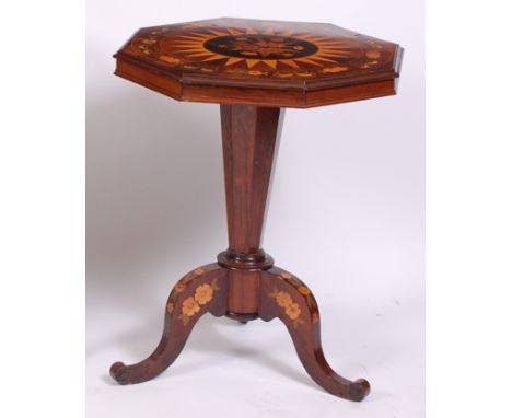 A 19th century rosewood and marquetry inlaid pedestal tripod table, having octagonal tilt-top with sunburst and floral marque