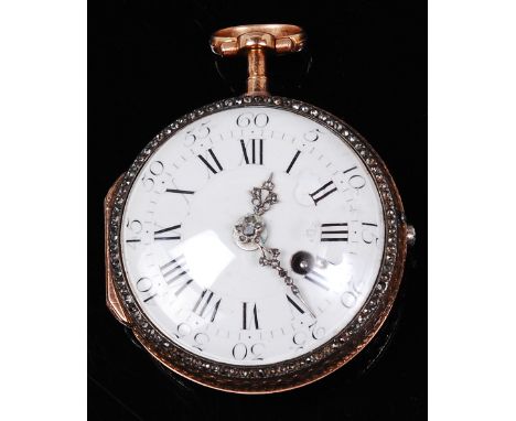 A 19th century continental yellow metal and semi-precious set fob watch, the convex white enamel dial with Roman and Arabic n