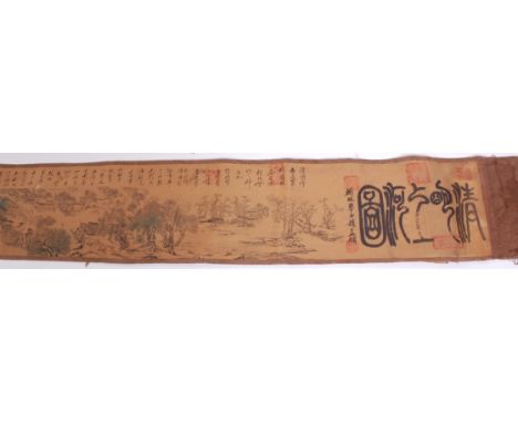 A Chinese long printed scroll, depicting various figural landscape scenes including a port and shop trading areas, with conti