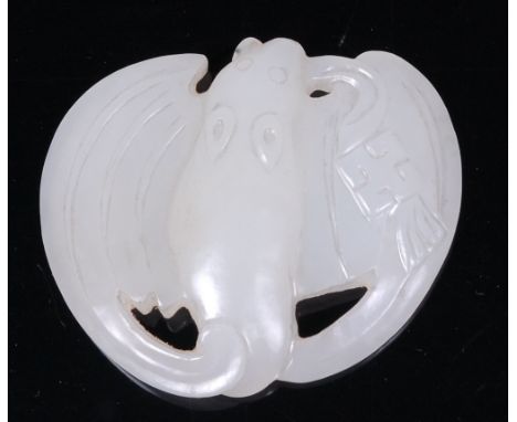 A Chinese carved white jade bat pendant, with line carved detail to both sides, and swastika symbol for luck, w.4.6cm, h.4.2c