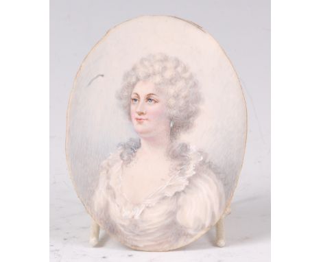 19th century school - Bust portrait of a maiden, miniature watercolour on ivory, heightened with body colour, unsigned and un