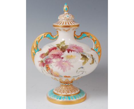 A late Victorian Royal Worcester pedestal vase and cover, shape No.2032, decorated in bright enamels with chrysanthemums on a