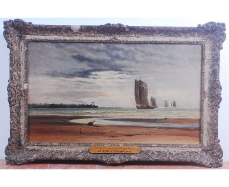 Arthur J Meadows (1843-1907) - Calais boats running for Dunkerque Harbour, oil on canvas, signed and dated 1873 lower left, o