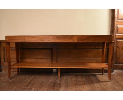 A contemporary teak console table on slender sabre supports united by undertier. H.88 W.200 D.45cm 