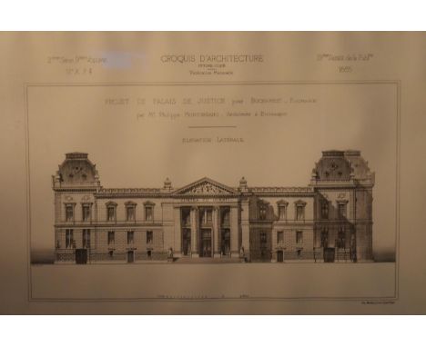 A 19th century framed and glazed architectural print of an elevation drawing of the Palais de Justice in Bucharest. H.60 W.80