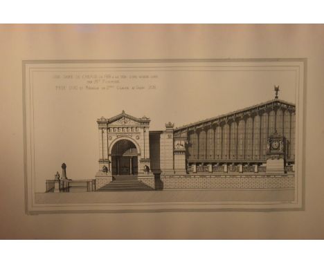 A 19th century framed and glazed engraving of an architectural detail of a French railway station. H.60 W.78cm 