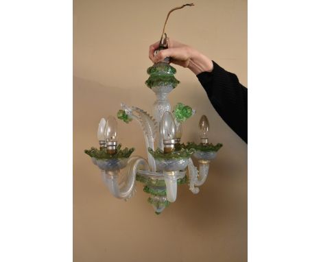 An 1950's Italian Murano glass four branch chandelier with emerald green glass flowers and clear glass leaves. H.48 W.36cm 