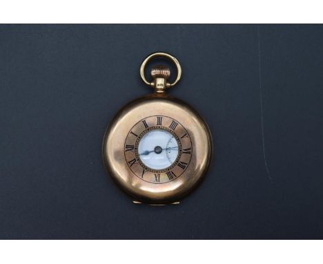 An Early 20th century 9ct gold half hunter lever pocket watch by Vertex, white enamel dial with Roman numerals and subsidiary