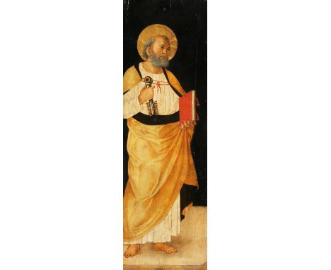 Meister des 16. JahrhundertsDER HEILIGE PETRUS Öl auf Holz. 49 x 15,8 cm. Hinter Glas gerahmt.Der Heilige vor schwarzem Hinte