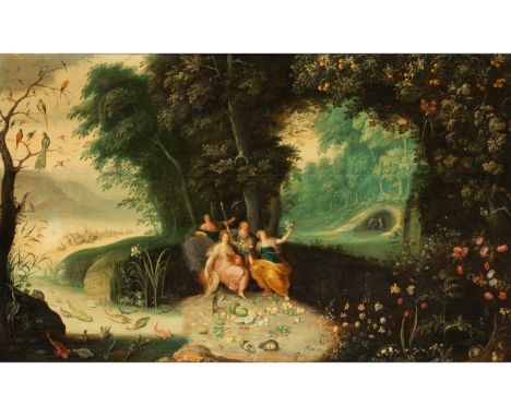 Adriaen van Stalbemt, 1580 Antwerpen – 1662 ebendaALLEGORIE DER ELEMENTE Öl auf Holz. Parkettiert. 64 x 103 cm. In vergoldete