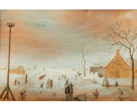 Anthonie Verstralen, 1593 Gorkum – 1641 Amsterdam, zug.EISVERGNÜGEN IN HOLLÄNDISCHER POLDERLANDSCHAFT Öl auf Eichenholz. 21,5