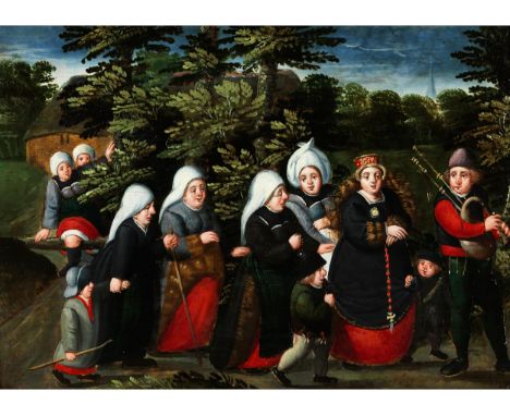 Marten van Cleve, 1527 Antwerpen – 1581 ebendaDER HOCHZEITSZUG DER BRAUT Öl auf Holz. 26,5 x 37 cm.Beigegeben Expertise von D