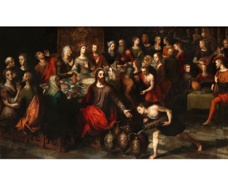 Adam van Noort, 1557 Antwerpen – 1641 ebendaHOCHZEIT ZU KANAA Öl auf Holz. 89,5 x 150 cm. In ebonisiertem Holzrahmen.Beigegeb