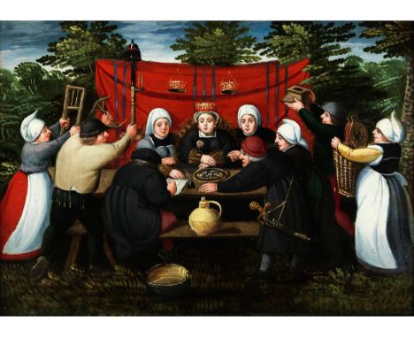 Marten van Cleve, 1527 Antwerpen – 1581 ebendaGESCHENKE FÜR DIE BRAUT Öl auf Holz. 26,5 x 37,5 cm.Beigegeben Expertise von Dr