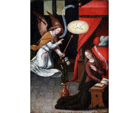 Flämischer Maler um 1550ANDACHTSTAFEL MIT VERKÜNDIGUNG UND MEMENTO MORI Öl auf Holz. 20 x 14,4 cm. In schmalem vergoldetem Ke