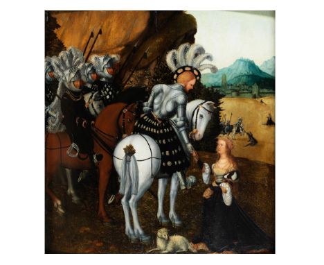 Lucas Cranach d. Ä.,1472 Kronach - 1553 Weimar, Werkstatt desDER DRACHENTÖTER SANKT GEORG UND DIE BEFREITE KÖNIGSTOCHTER Öl a