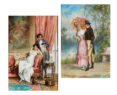 Karl Schweninger d. J., auch „Carl Schwenninger“, 1854 Wien – 1903 Wien      GemäldepaarSPAZIERGANG AM UFERundIM SALONÖl auf 