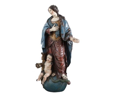 Österreichisch-süddeutscher Meister des ausgehenden 17. JahrhundertsGROßE MADONNA IMMACULATA&nbsp;Höhe: 148 cm.Geschnitzt in 